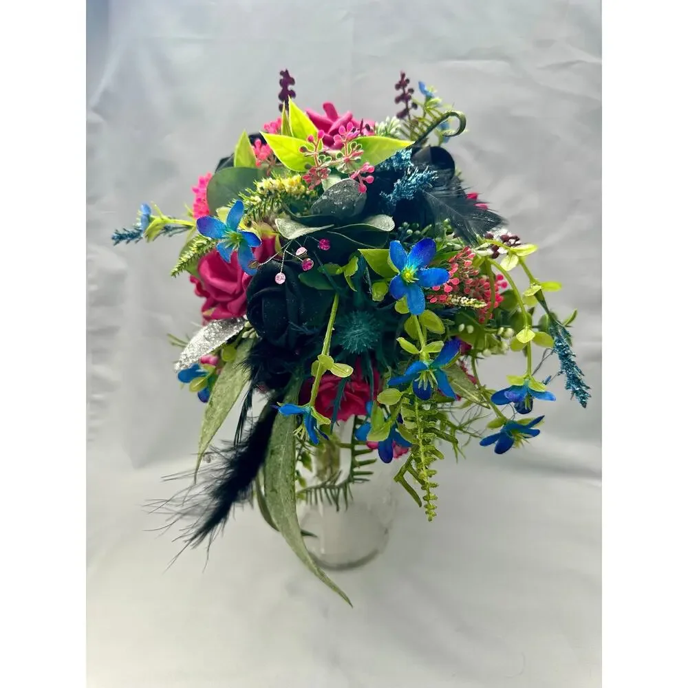 Homecoming prom floral bouquet artificial pink black blue feathers greensilver